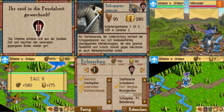 Screenshot: Age of Empires für den DS hat viele Elemente der Spiele für PC, wie Zeitalter-Aufstiege und Forschung übernommen. Aber es ist rundenbasiert und die Kämpfe erinnern an Advance Wars