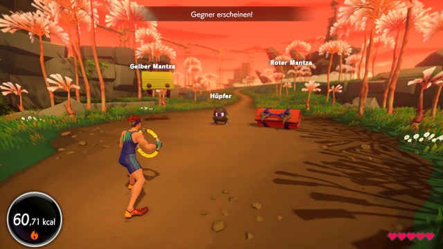 Screenshot: Gekämpft wird in Ring Fit Adventure rundenbasiert, die Gegner erinnern an allerlei Fitness-Utensilien