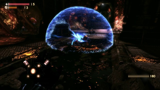Screenshot: Innerhalb der Sphäre ist die Zeit eingefroren, was Gegner stoppt und für ein paar der Rätsel nötig ist