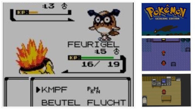 Pokemon Silberne Edition Screenshots: Im Kampf, Startbildschirm,in Neuborkia, Start im Zimmer