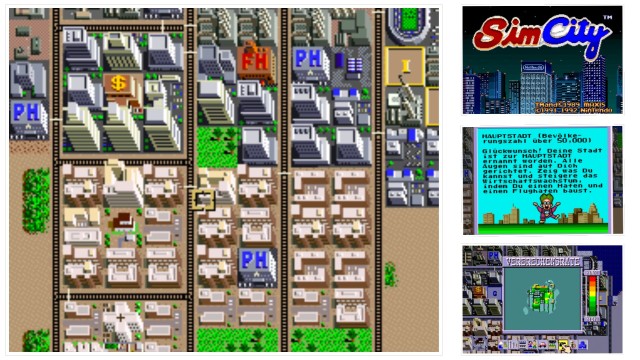 SimCity auf dem SNES: Stadtansicht, Titelbild, Berater Dr. Wright, Statistikbildshirm