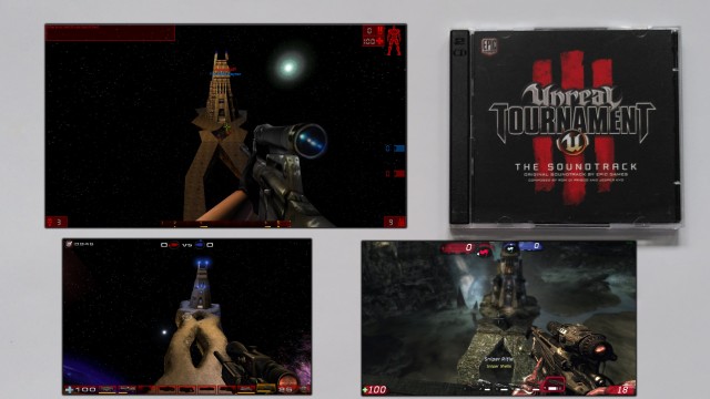 Screenshot: Soundtrack von Unreal Tournament 3 mit Screenshots von der Karte Facing Worlds in drei Spielen der Serie
