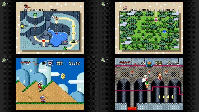 Screenshot: Collage aus Super Mario World: Vanilla Dome, Forest of Illusion, Level von Yoshis Island, Festungs-Level