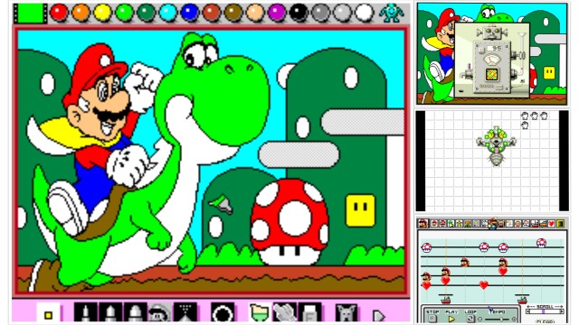 Screenshot: Collage aus Mario Paint: Zeichnen nach Vorlage, Speichern, Fliegenfänger-Minispiel, Musik-Tool