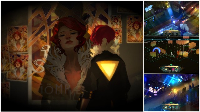 Screenshot: Collage zu Transistor: Große Grafik aus einer Zwischensequenz, welche die Protagonistin Red zeigt; an der Seite klein eine Szene mit den Umgebungen im einzigartigen Artstyle, das Turn-Kampfsystem sowie ein Echtzeitkampf