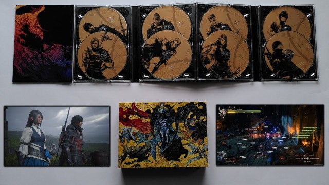 Screenshot: Ultimate Edition des Soundtracks von Final Fantasy 16 mit 8 CDs und Artworks mit zwei Screenshots aus dem Spiel, die Jill und Clive zeigen sowie eine Kampfszene mit vielen Schadenszahlen