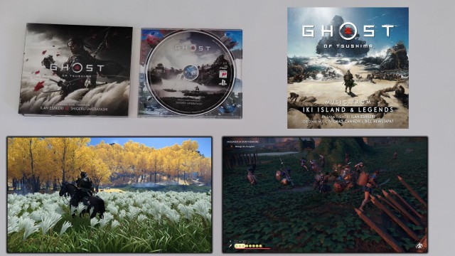Screenshot: Soundtrack CDs zu Ghost of Tsushima mit zwei Spielszene, welche die Landschaft im Spiel sowie einen Kampf auf Iki Island zeigen