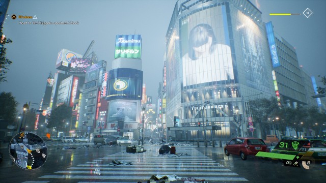 Screenshot: Spielszene aus Ghostwire Toyko, welche das menschenleere Shibuya mit den Überresten zeigt