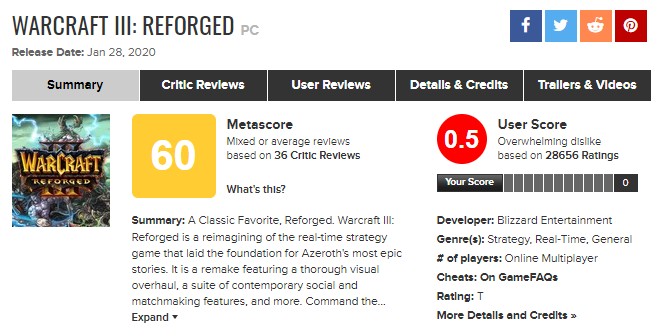 Screenshot: WarCraft 3 Reforged auf Metacritic