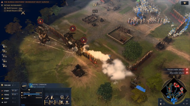 Screenshot: Artillerie hat einen Schusskegel und zerstört Gebäude, die im Weg zu Ziel stehen