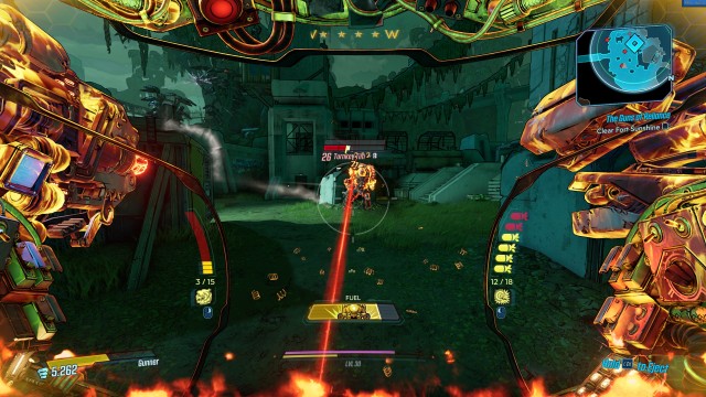 Screenshot: Gunnerin Moze steigt in ihrer Spezialfähigkeit in ihren Mech Iron Bear