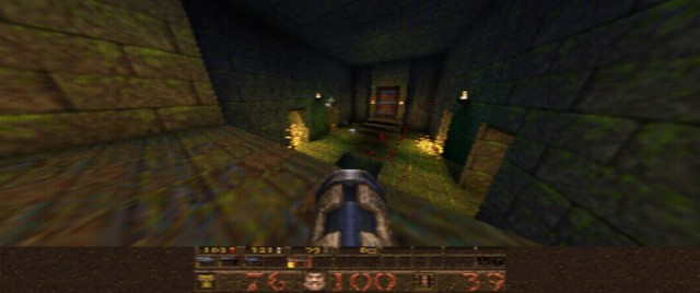 Screenshot: Die farbigen Lichtquellen von Quake64 lassen sich bei dem verschwommenen Bild kaum wahrnehmen