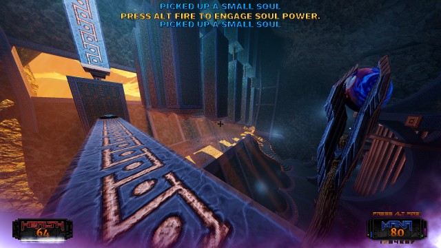 Screenshot: Architektur mit Monolithen in Amid Evil: The Black Labyrinth