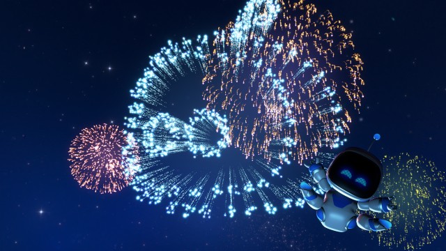 Screenshot: Feuerwerk mit hüpfendem Astro - die pure Freude. Besser lässt sich das Spiel nicht beschreiben.