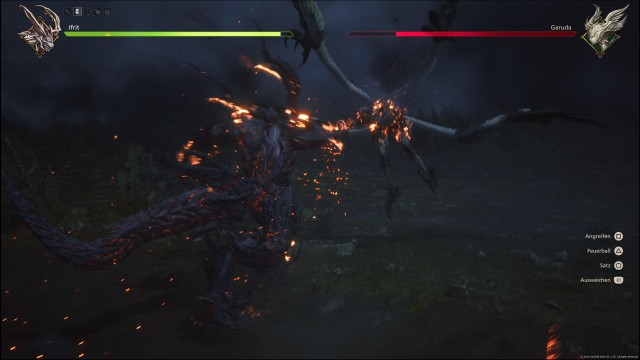 Screenshot: In den finalen Phasen der Bosskämpfe treten zwei Esper in voller Pracht gegeneinander an, die an Szenen aus Kaiju-Filmen erinnern