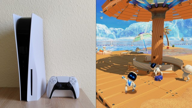PlayStation 5 Konsole und Screenshot aus Astro's Playroom