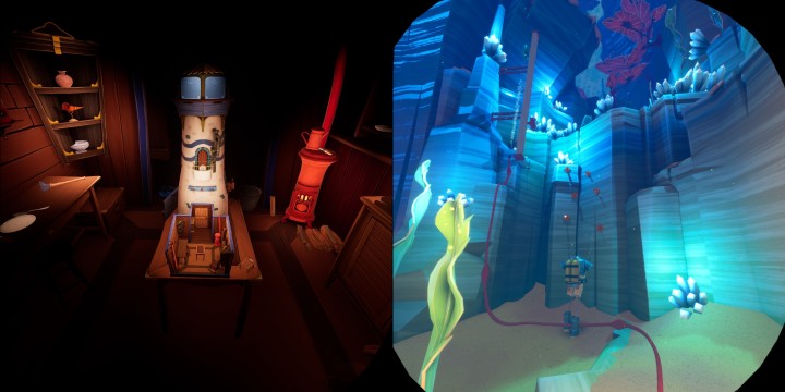 Screenshot: Links: In A Fishermans Tale spielt sich noch fast alles im Turm ab.<br />Rechts: Im Nachfolger gilt es auch unter Wasser Rätsel zu lösen“ /></a><br /><span style=