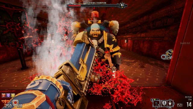 Screenshot: Das Kettenschwert ist eine bekannte Waffe des Warhammer-Universums. In Boltgun fand ich ihren Einsatz riskant, weil Nahkampf und man nimmt weiter Schaden