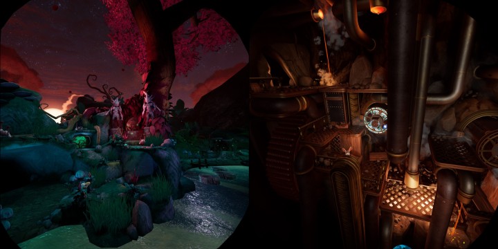 Screenshot: Links: Der Eingang zu den Zwielichtgärten ist sehr stimmungsvoll.<br />Rechts: In der Mine des zweiten Teils muss Quill durch allerlei mechanisches navigieren“ /></a><br /><span style=