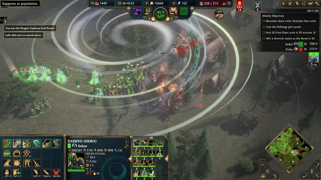 Screenshot: Ein Drache des japanische Gott Watatsumi erzeugt einen Tornado, der einer Basis massiven Schaden zufügt