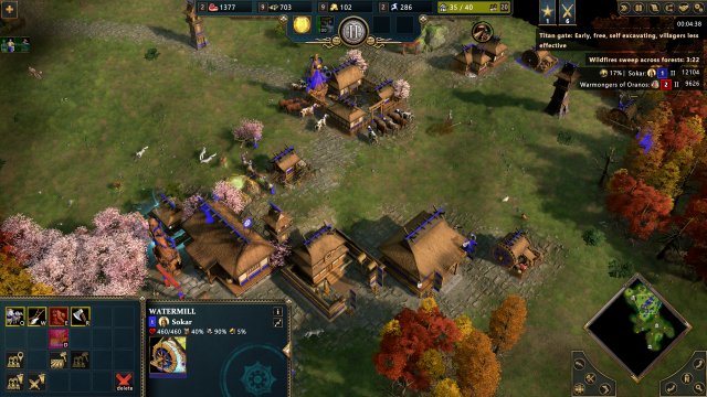 Screenshot: Die Japaner bauen viele Holzhäuser; links unten steht ein Schrein, erkennbar an den Kirschbäumen um ihn herum