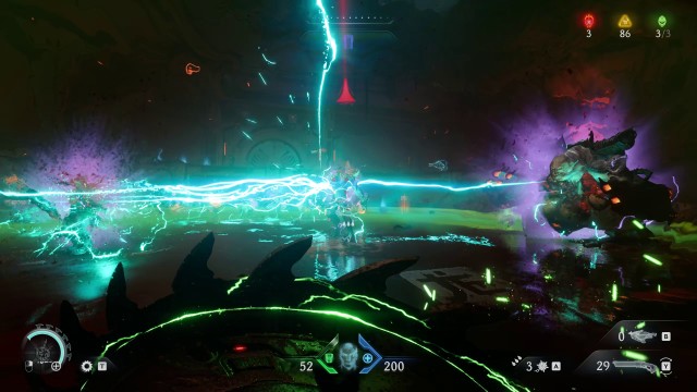 Screenshot: Ein perfekter Konter mit dem Schild und der Blitzrune sorgt für ein Effektgewitter und viel Schaden an den Gegnern.