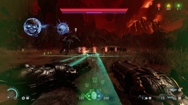 Screenshot: Kampfszene mit Schildwurf aus Doom - The Dark Ages