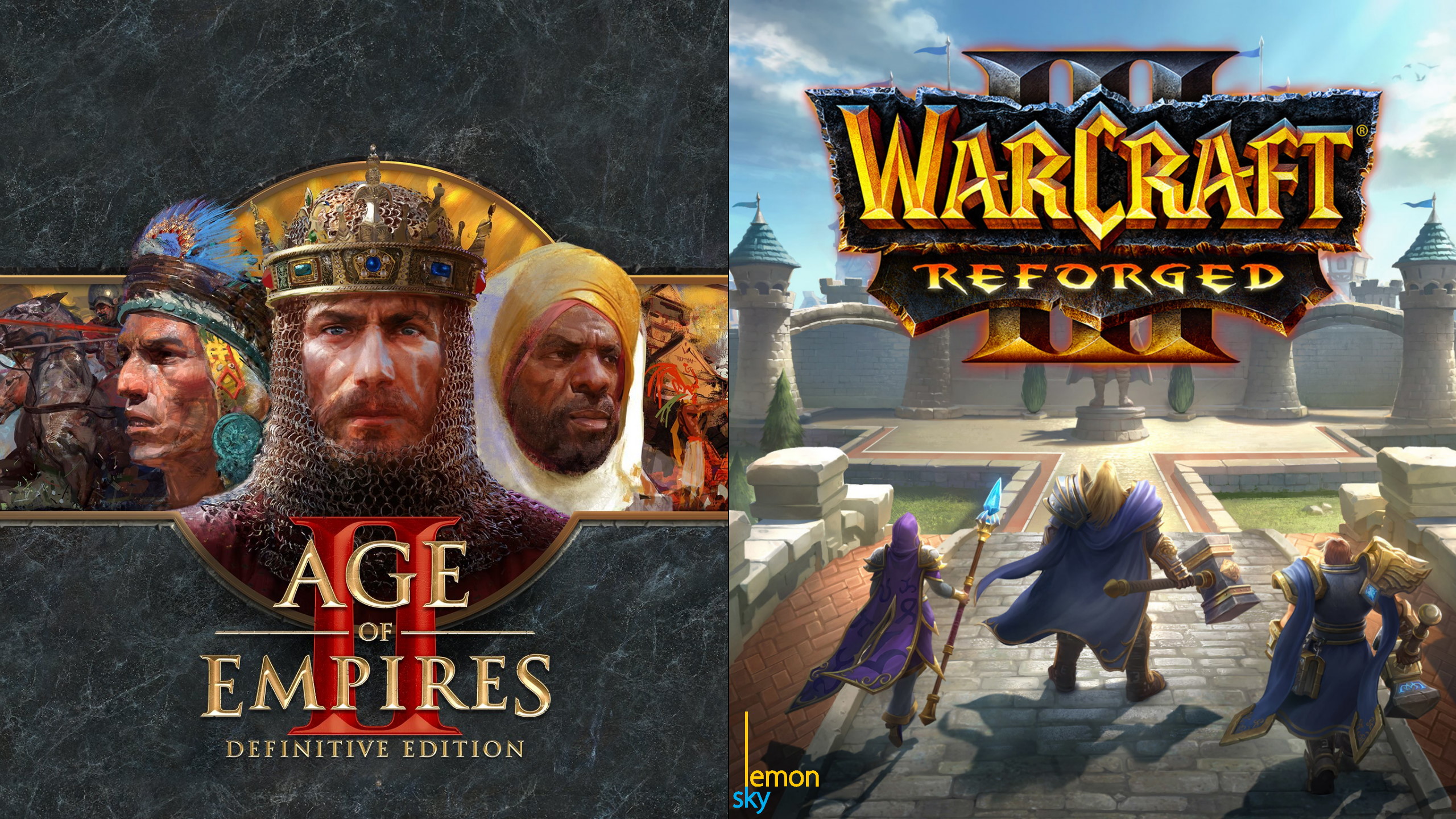 Title. Links: Age of Empires 2: Definitive Edition Promo. Rechts: Loading Screen Artwort für Blizzcon Demo of WarCraft 3 Reforged von Eilene Cherie